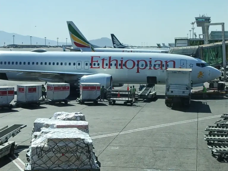 Ethiopian Airlines aircraft and ground equipment at Addis Ababa airport in December 2024