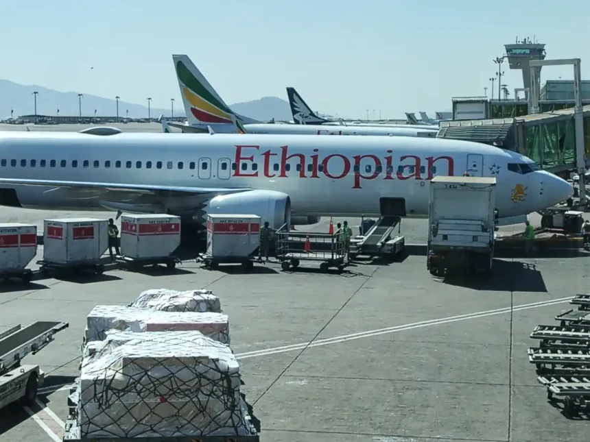 Ethiopian Airlines aircraft and ground equipment at Addis Ababa airport in December 2024
