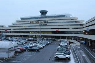Cologne Bonn Airport Terminal1 and forecourt in September2016, an archive context photograph