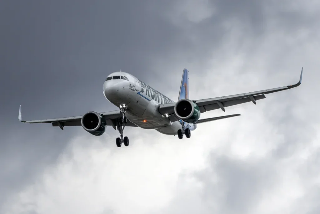 Frontier Airbus A320neo on approach to Baltimore-Washington airport in May 2025