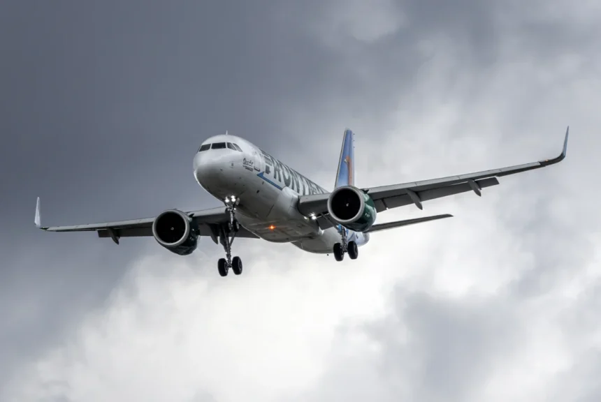 Frontier Airbus A320neo on approach to Baltimore-Washington airport in May 2025