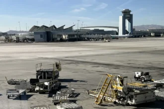 Terminal, control tower and apron at Harry Reid International Airport in February 2025; archive view, not the runway incident.