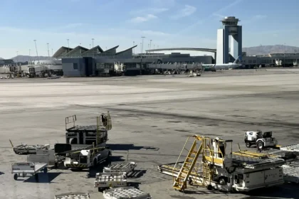 Terminal, control tower and apron at Harry Reid International Airport in February 2025; archive view, not the runway incident.