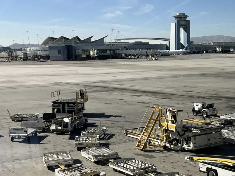 Terminal, control tower and apron at Harry Reid International Airport in February 2025; archive view, not the runway incident.