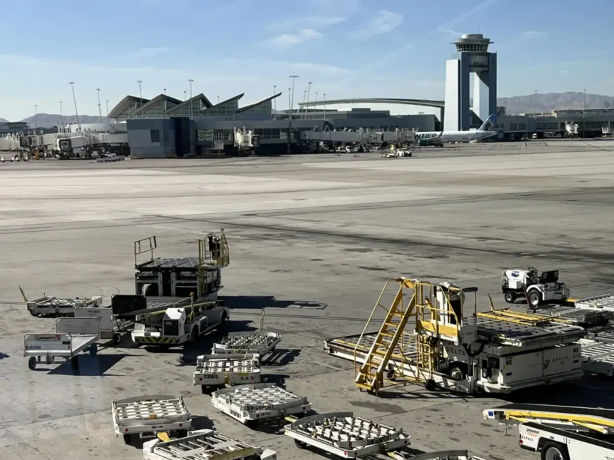 Terminal, control tower and apron at Harry Reid International Airport in February 2025; archive view, not the runway incident.