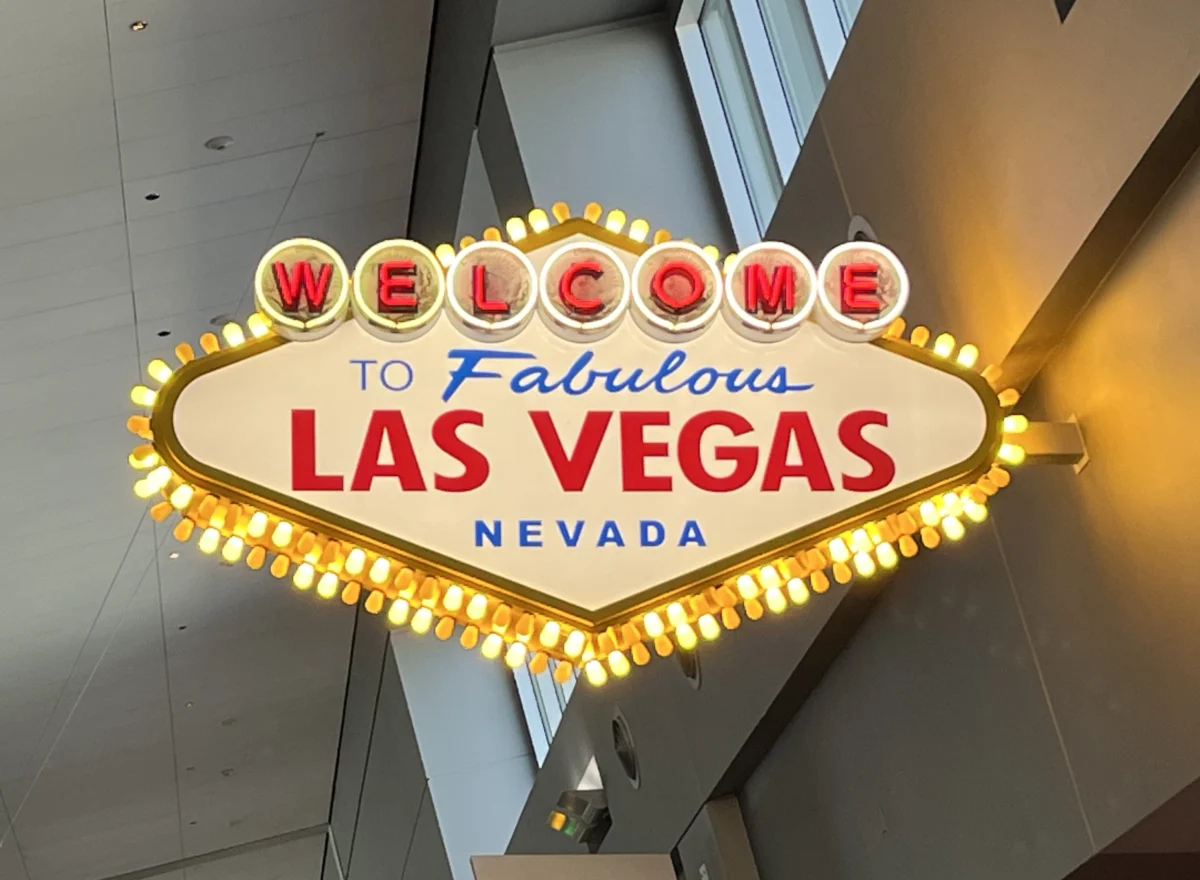 Welcome to Las Vegas sign inside Harry Reid International Airport, photographed February 2025.