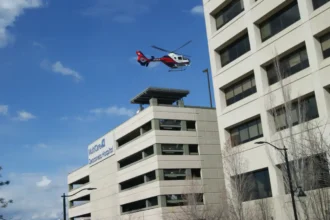 Archive medical helicopter approaching MultiCare Deaconess Hospital in Spokane in September 2021