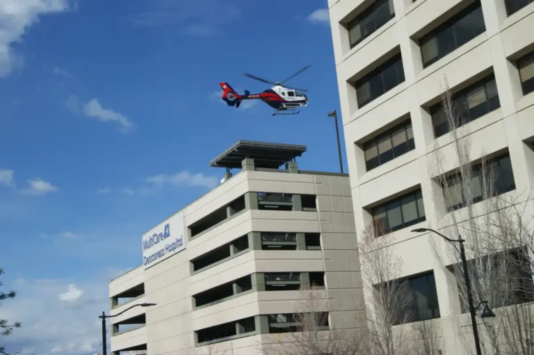 Archive medical helicopter approaching MultiCare Deaconess Hospital in Spokane in September 2021