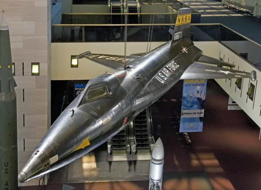 Historic North American X-15 experimental aircraft displayed inside the National Air and Space Museum.