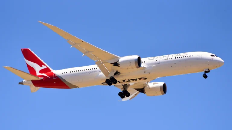 Archive Qantas Boeing 787-9 approaching Perth Airport with its landing gear down in December 2018