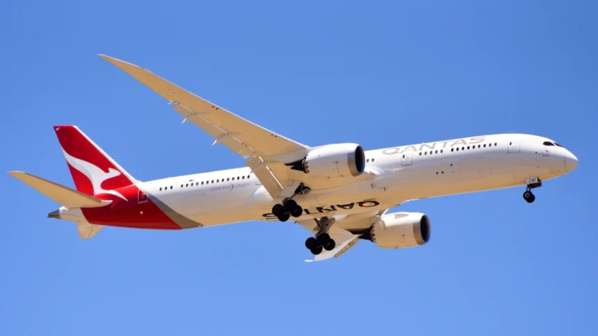Archive Qantas Boeing 787-9 approaching Perth Airport with its landing gear down in December 2018