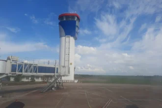 Control tower and apron at Supadio Airport in Pontianak, photographed in June 2023