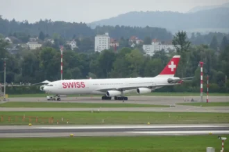 SWISS Airbus A340 HB-JMI on the ground at Zurich Airport in 2022