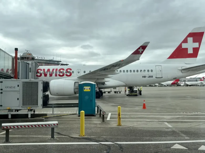 Archive SWISS aircraft HB-JBB at a Geneva airport gate in July 2023; not the A350.