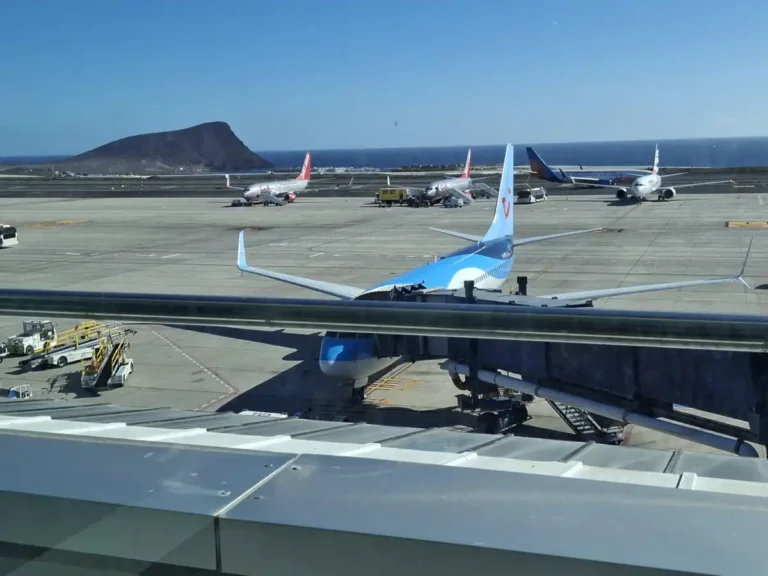 Archive view across Tenerife South Airport’s apron in December 2025, with parked aircraft, the coast and a mountain beyond; not an Air Canada inaugural flight.