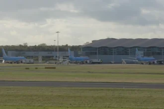 Archive photograph of three Thomson Airways aircraft at Doncaster Sheffield Airport in October 2013.