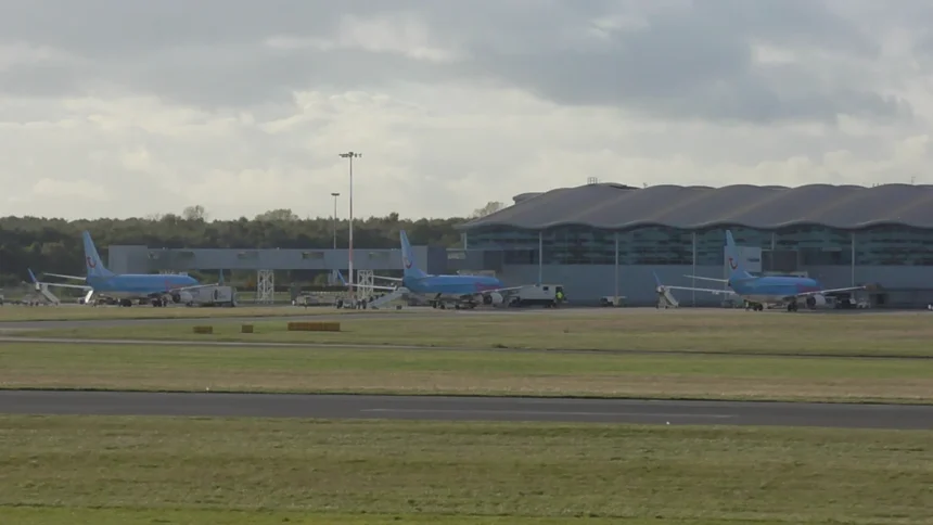 Archive photograph of three Thomson Airways aircraft at Doncaster Sheffield Airport in October 2013.
