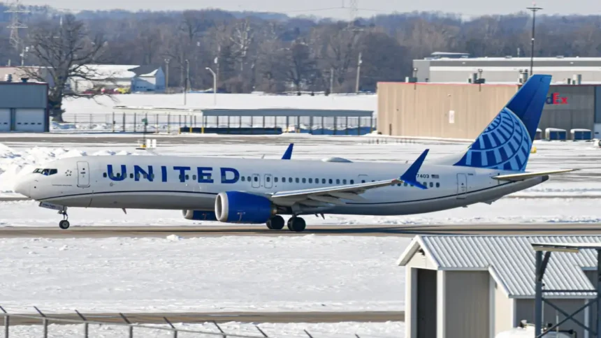 United Airlines Boeing 737 MAX 9 parked at an Indianapolis airport gate