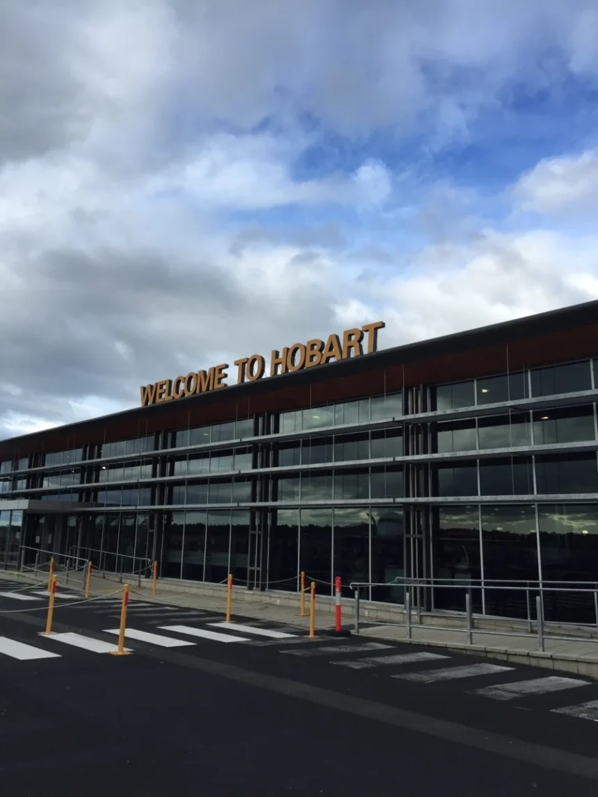 Welcome to Hobart sign on the airport terminal in August 2015