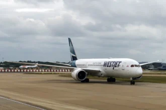 WestJet Boeing 787-9 on the ground at London Gatwick in June 2023, an archive photograph.