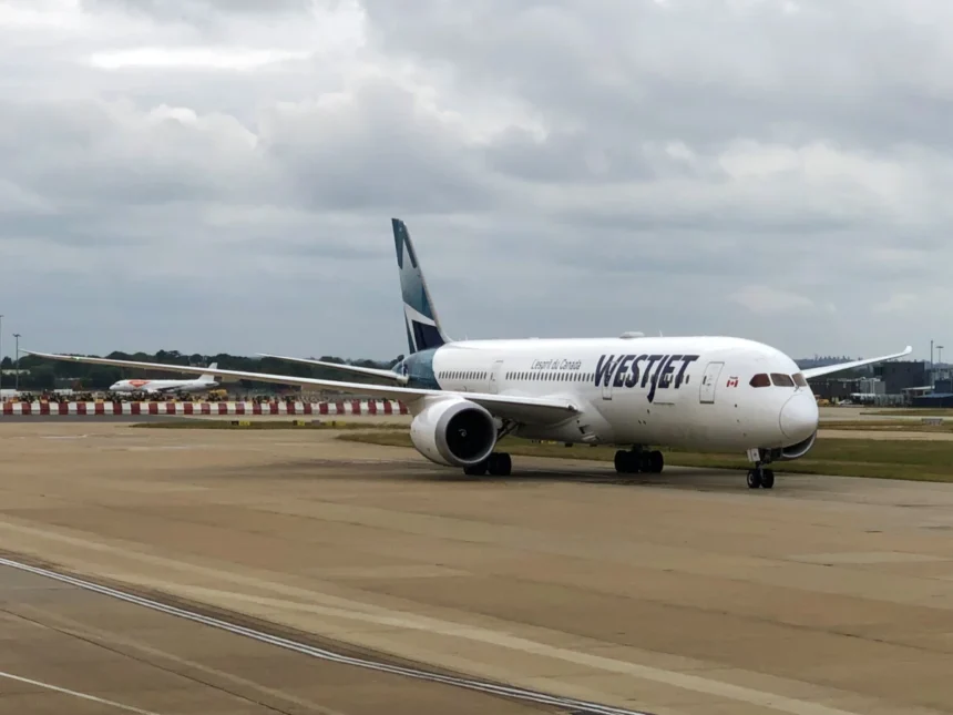 WestJet Boeing 787-9 on the ground at London Gatwick in June 2023, an archive photograph.